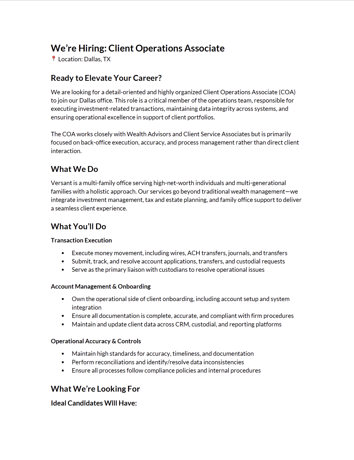 Client Operations Associate Wealth Manager